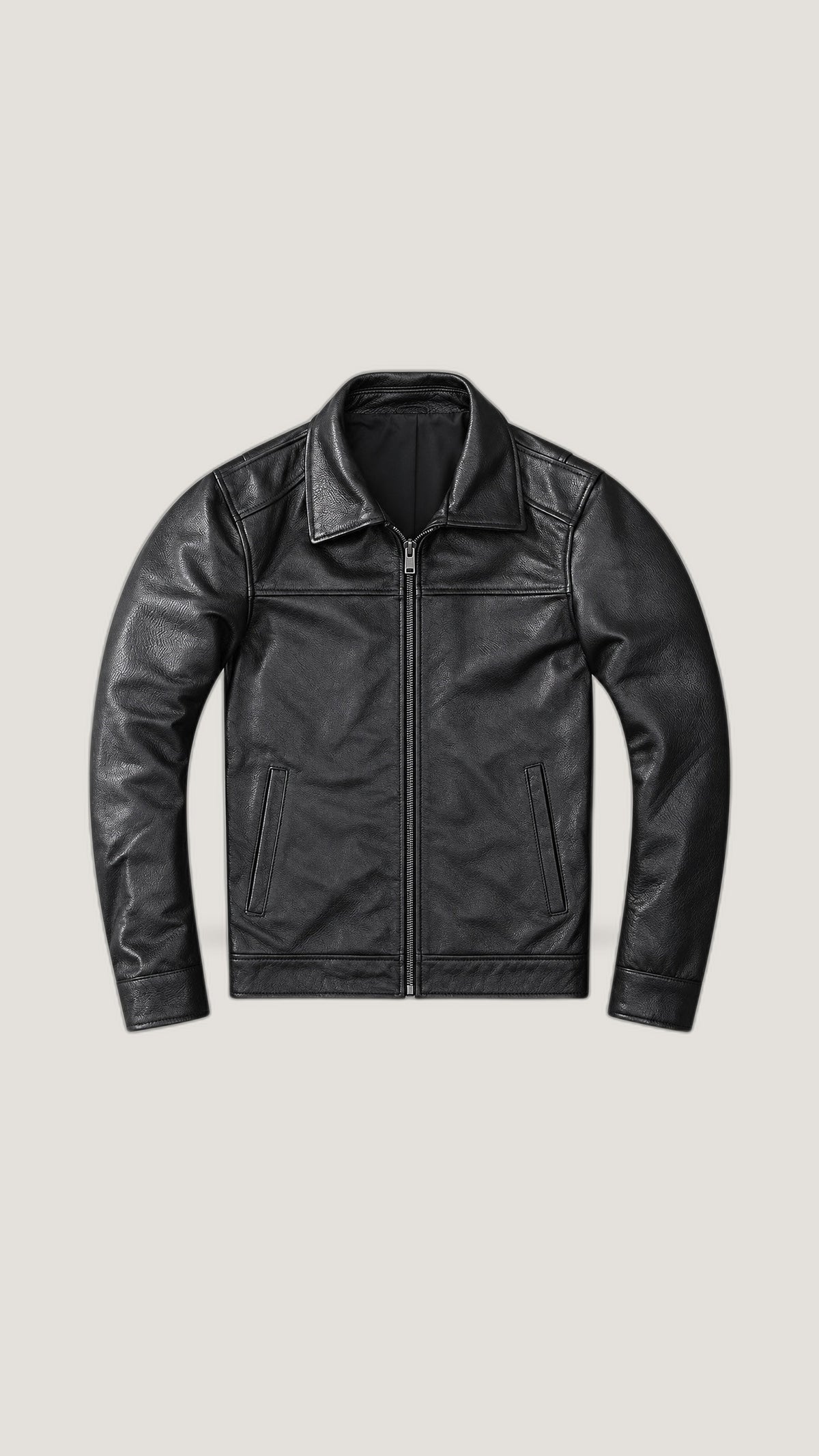 Black Classic-Collar Cowhide Jacket — 100% Genuine Leather