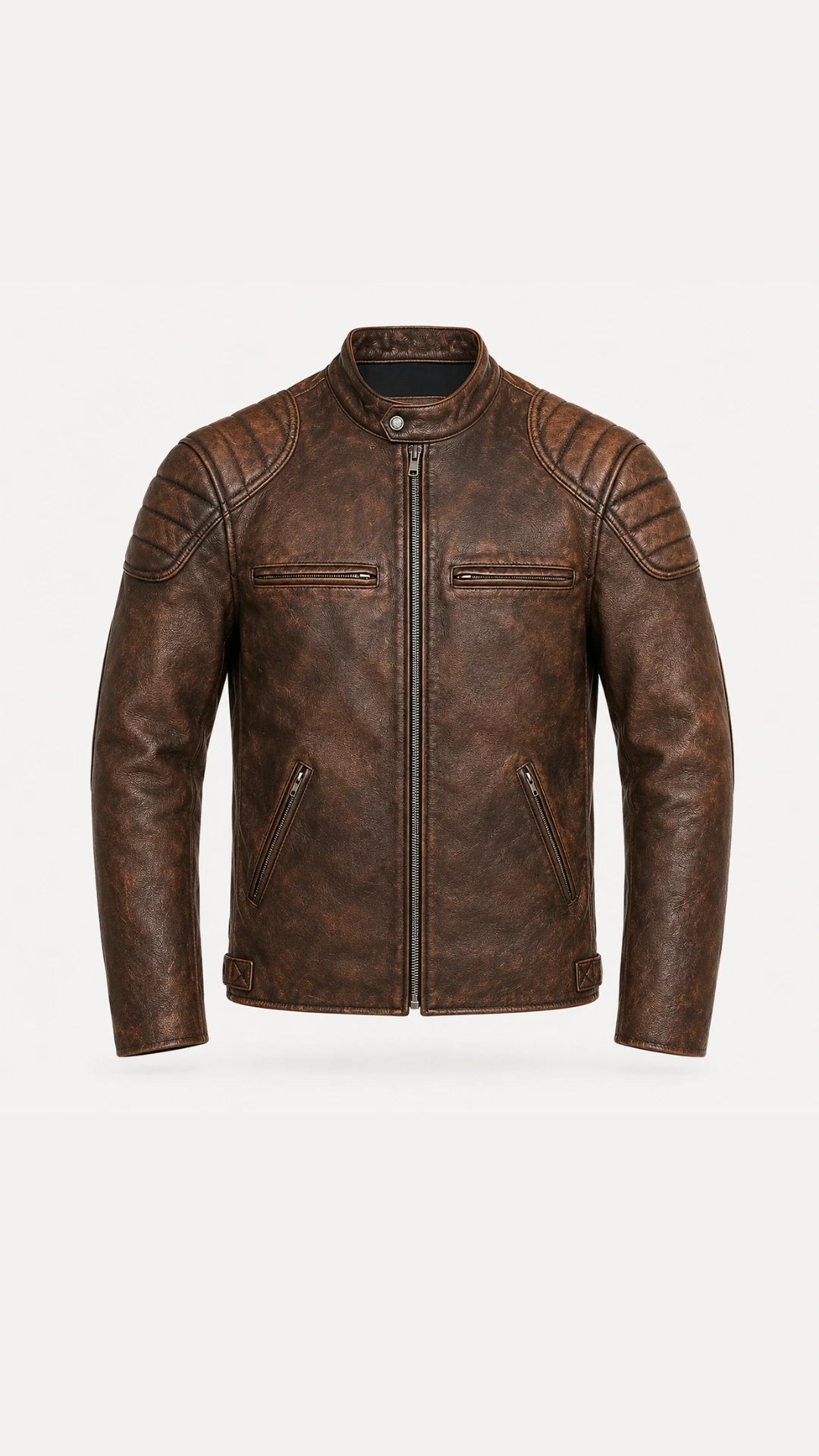 Men's distressed brown leather biker jacket, front view on a plain background