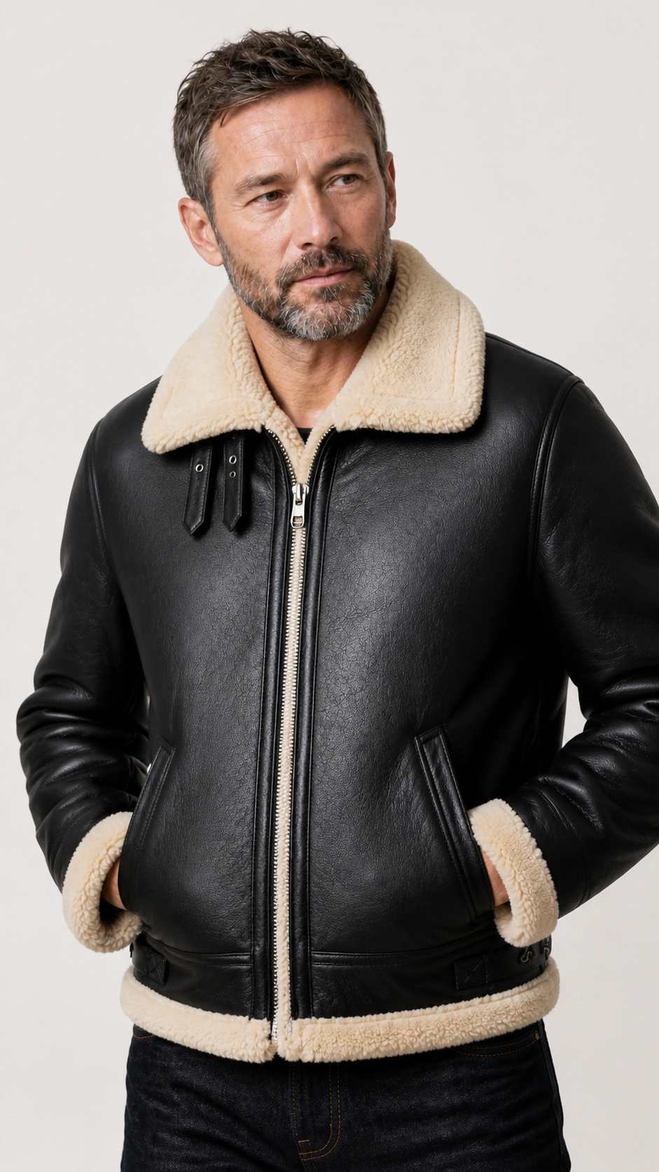 Man wearing the black shearling flight jacket with hands in pockets — British model