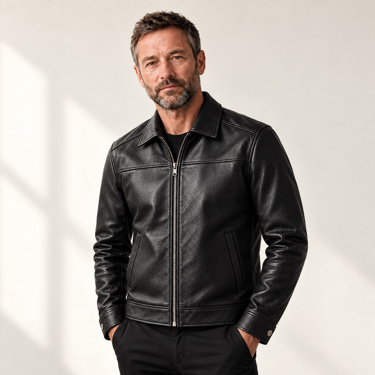 Black Classic-Collar Cowhide Jacket — British model — hero