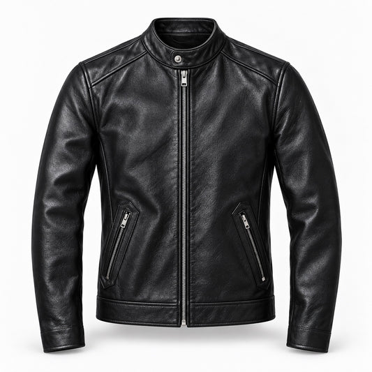 Black stand-collar cowhide jacket — closed product view