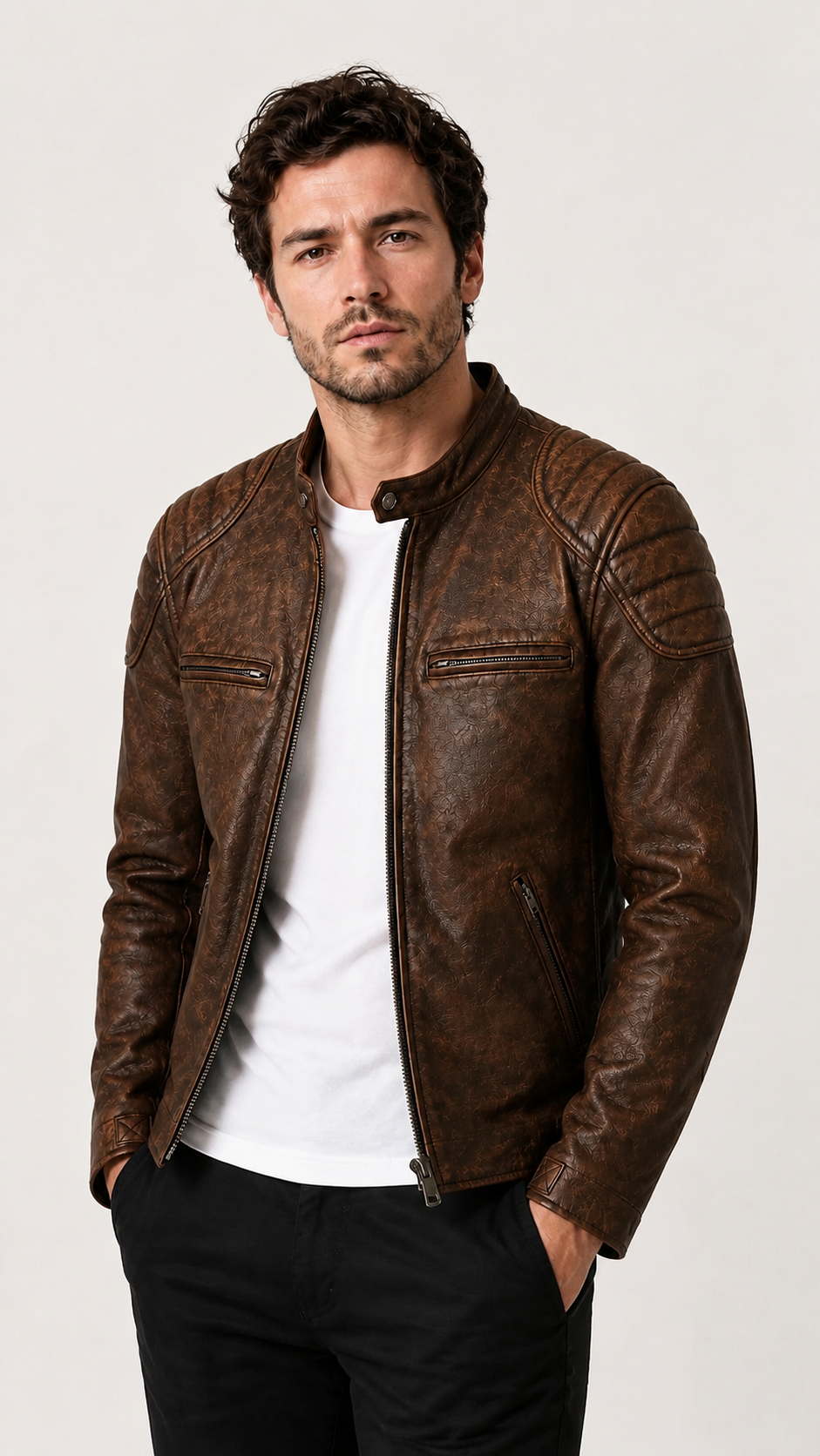Man wearing the distressed brown biker jacket open over a white tee — British model