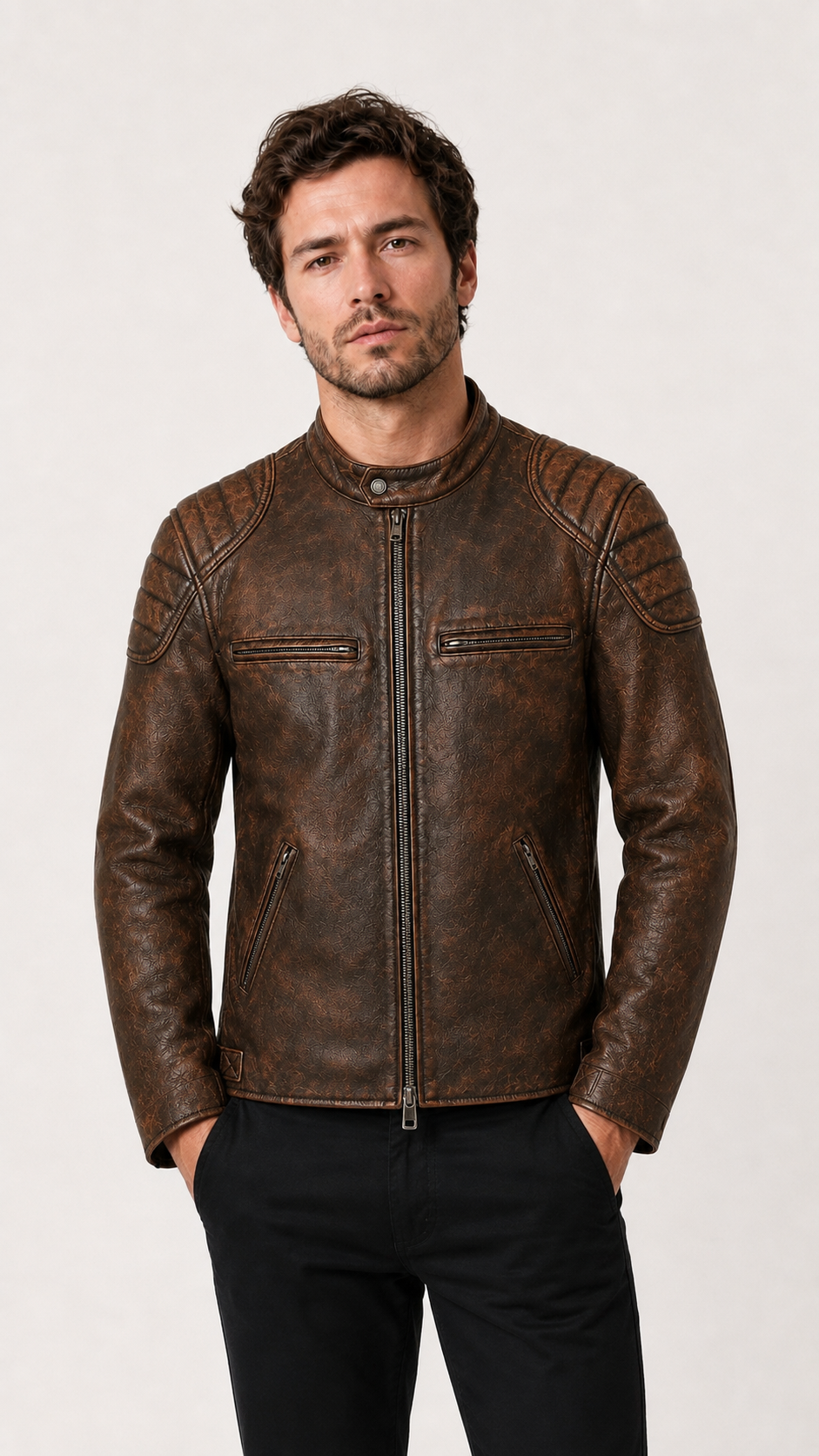 Front view of the distressed brown biker jacket worn with hands in pockets — British model