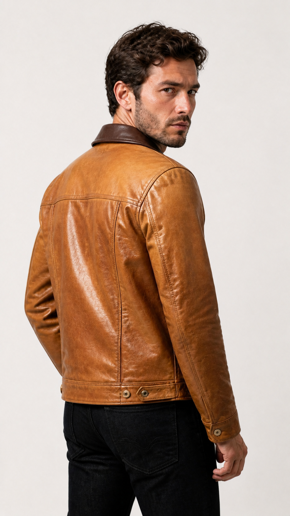 Back view of a man in the tan goatskin storm rider jacket — British model