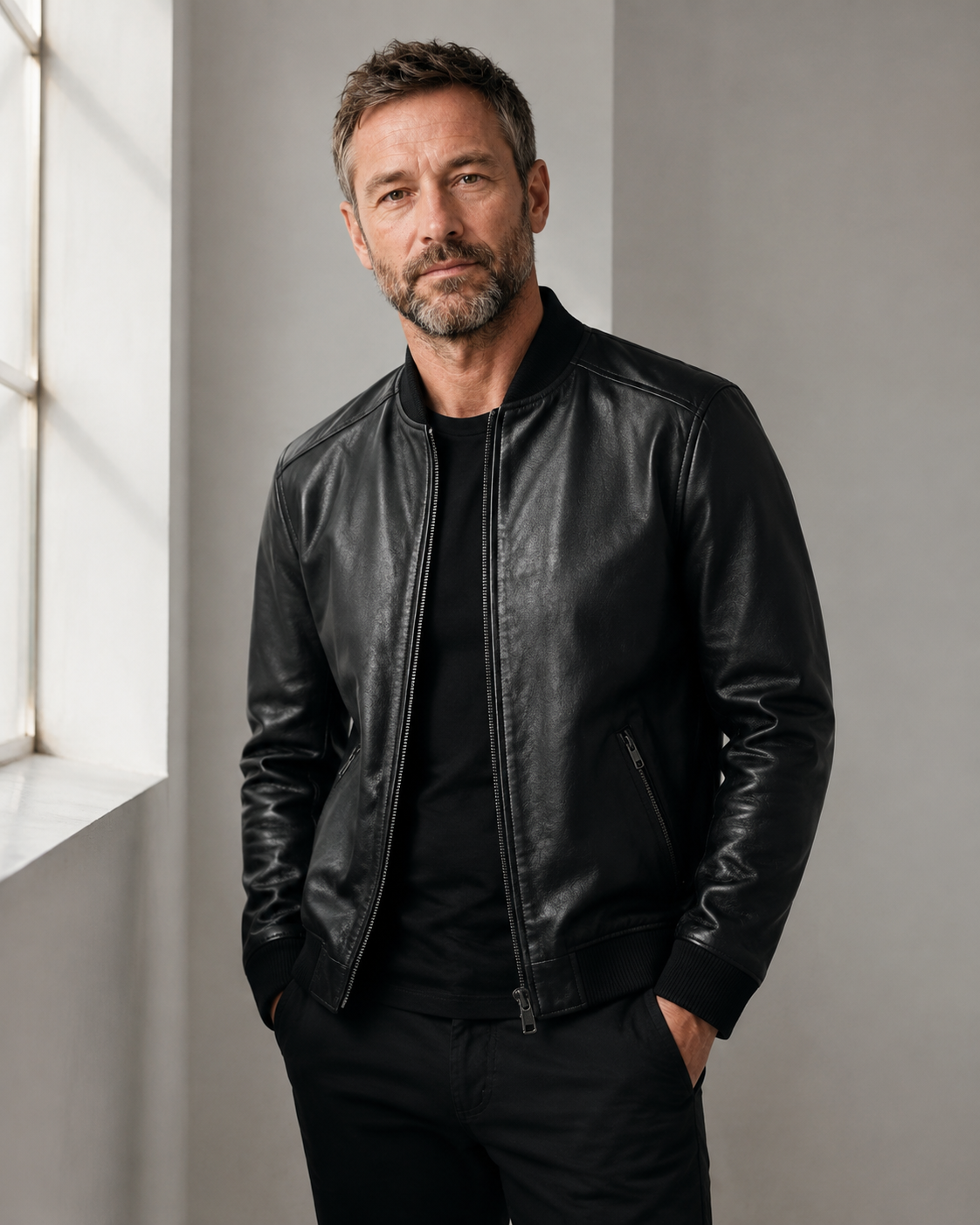 Mature British model wearing the black sheepskin bomber jacket