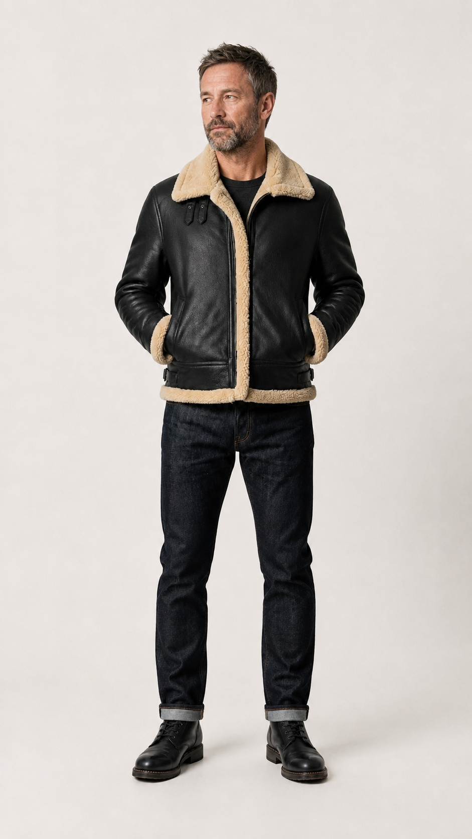 Full-length shot of a man in the black B-3 shearling jacket and dark jeans — British model