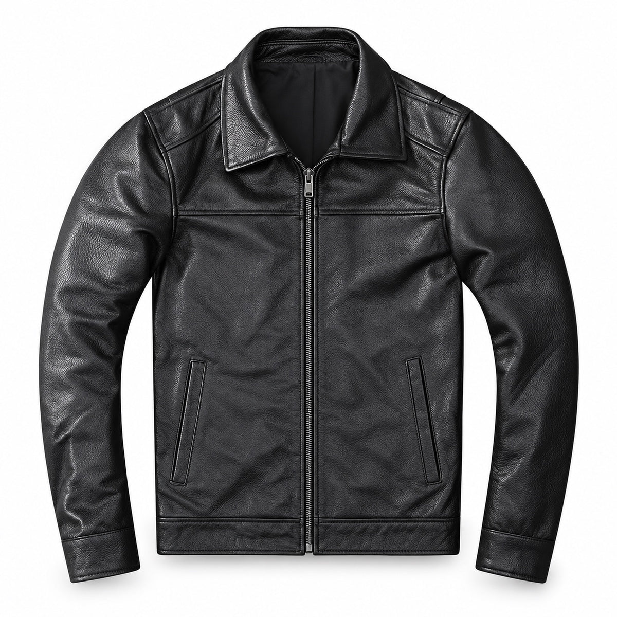 Black classic-collar cowhide jacket — clean front view