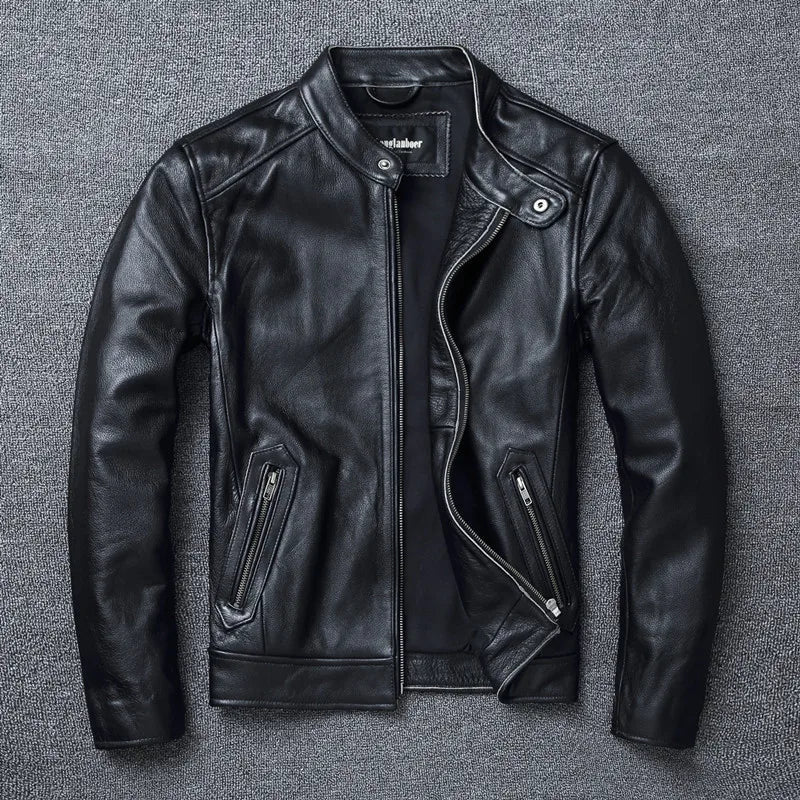 Black Stand-Collar Cowhide Jacket product detail 1
