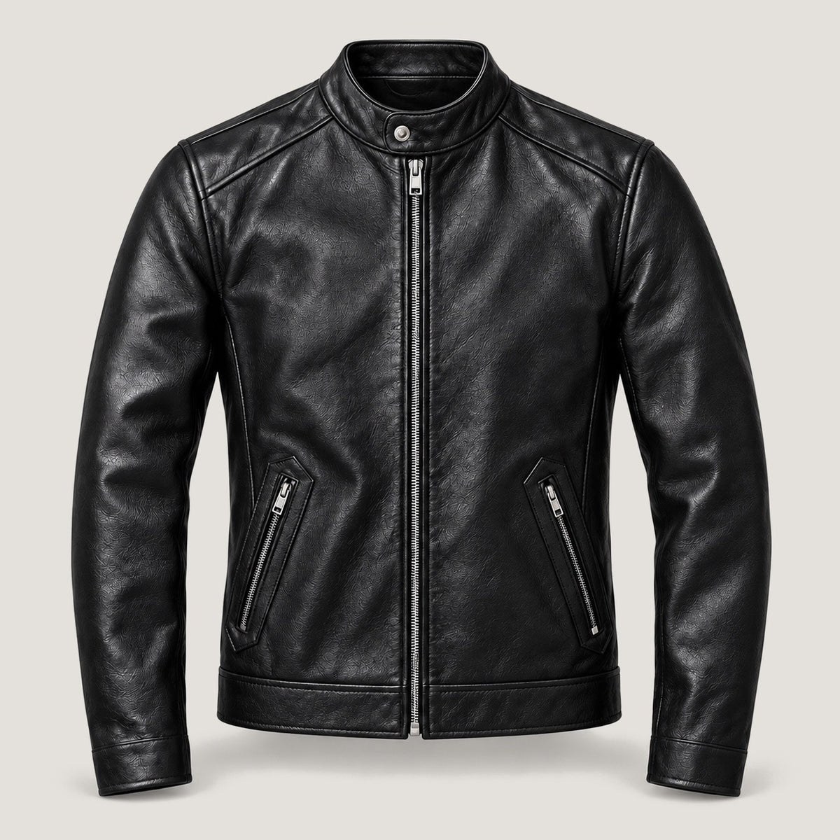 Black Stand-Collar Cowhide Jacket — 100% Genuine Leather