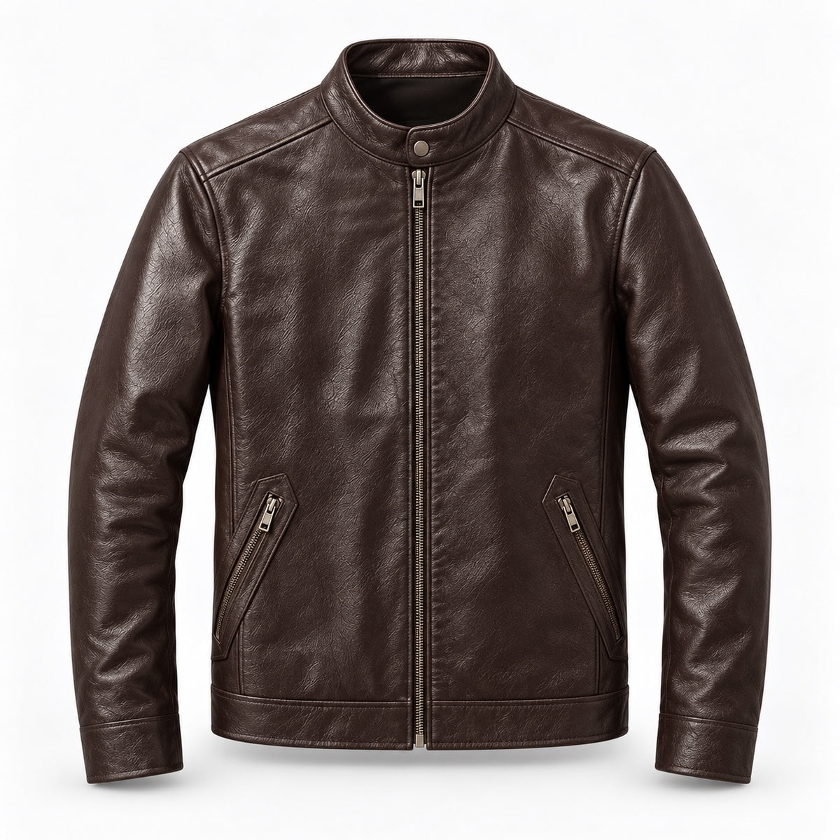 Dark brown stand-collar cowhide jacket — clean front view