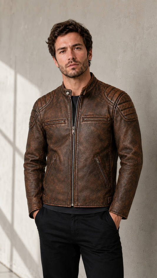 Younger British model wearing the distressed brown biker jacket