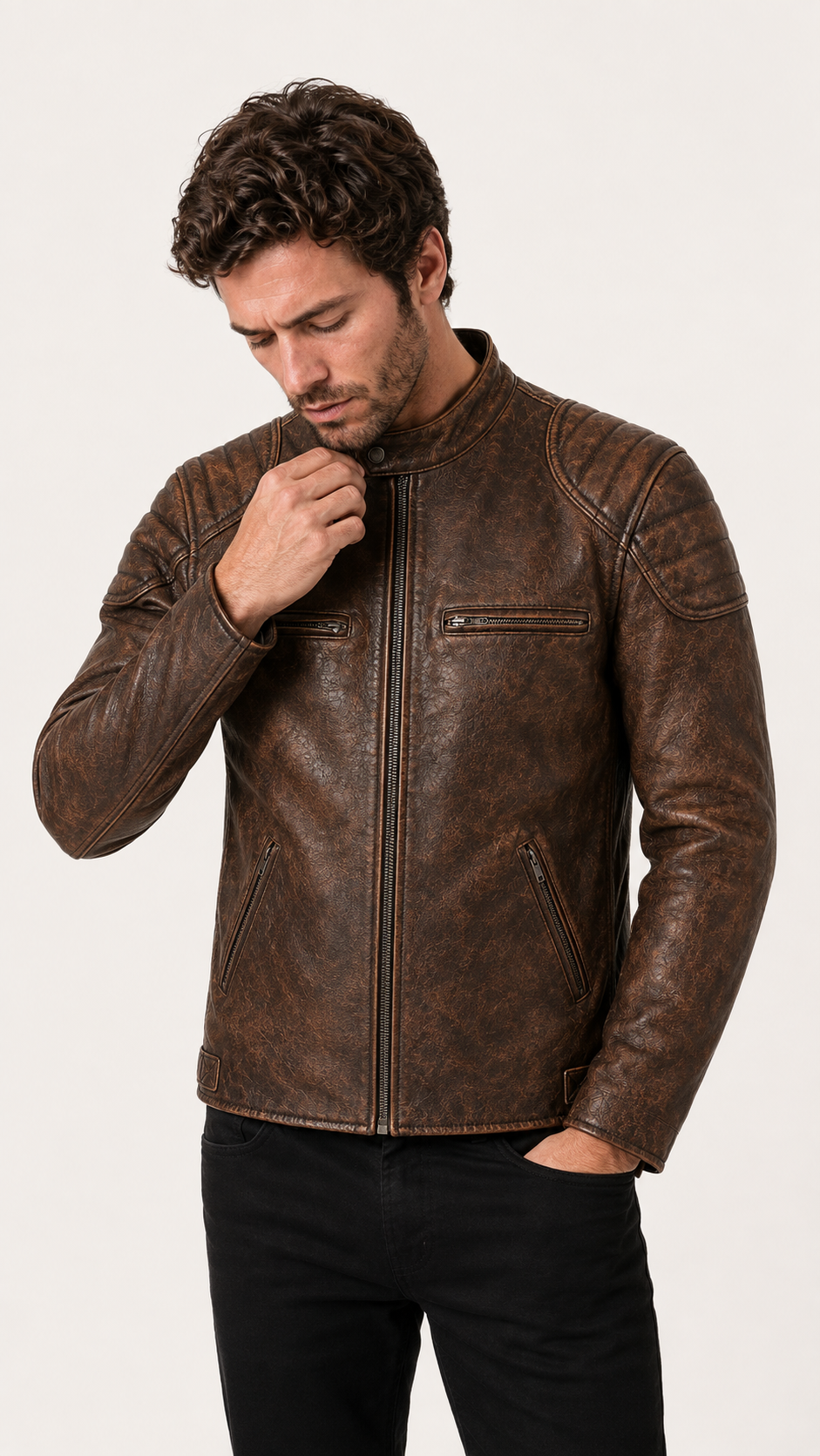 British model adjusting the collar of the distressed brown biker jacket